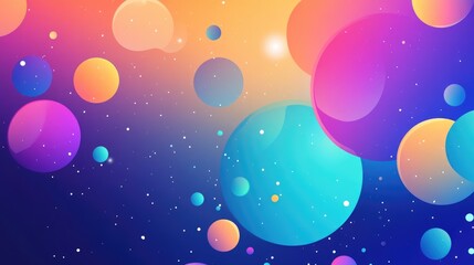 Fototapeta premium Abstract background featuring colorful circles with chaotic particles in open space Dynamic 2D cartoon illustration