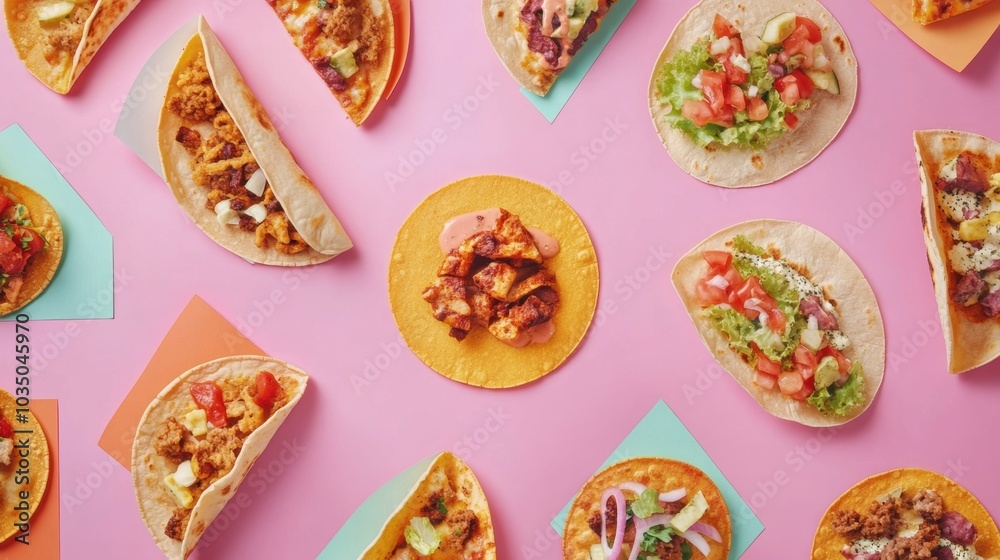 Aufkleber Tacos and pizza are artistically arranged in a geometric pattern, creating a vibrant and appetizing street food presentation. Generative AI