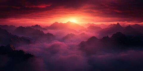 Morning mountain view featuring hills shrouded in mist under a cloudy sky, with a beautiful sunrise illuminating the landscape
