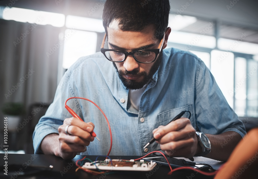 Poster remote work from home, engineering and man with solution, improvement and electrician in workspace. 