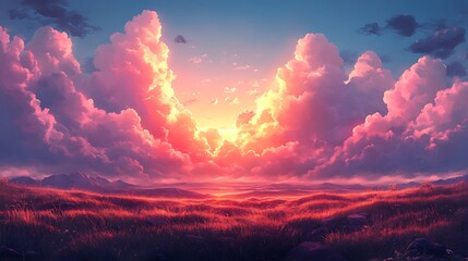 A vibrant sunset paints the sky with hues of pink and orange, casting a warm glow over the rolling hills and grassy field.