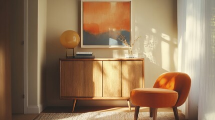 Reading nook with warm tones wooden cabinet art piece soft orange stool cozy vibe interior
