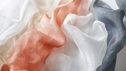 A delicate mesh fabric in vibrant hues cascades gracefully, revealing its rich textures and intricate designs against a pristine white backdrop.