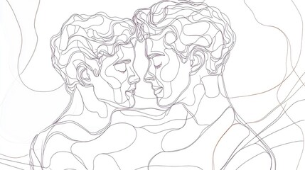Line art illustration of two men embracing during a celebration Silaturahim one continuous line drawing