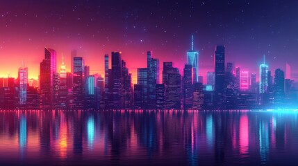 Neon Cityscape Reflections at Dusk