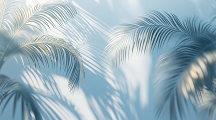 Obraz premium 3D rendering of blurred shadows from palm leaves on a light blue wall creating a minimal abstract background suitable for product presentation