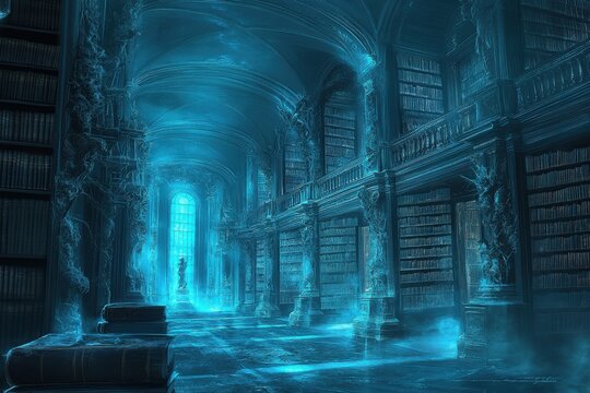 A blue library with a statue of a man in the middle