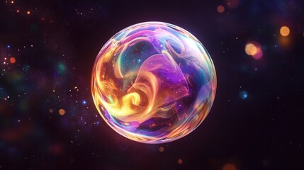 Naklejka premium Abstract multicolor psychedelic planet depicted in a 3D cartoon rendering resembling a soap bubble in an alien space against a black background