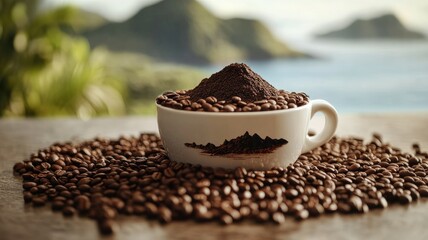 White cup filled with ground coffee surrounded by beans on placid natural backdrop