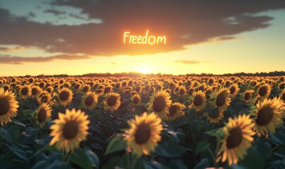 Fototapeta premium Sunflowers in a field at sunset with the word 