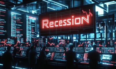 Neon sign reading 'recession' in dark room.