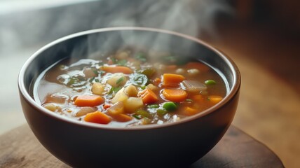 Steaming vegetable soup with carrots, peas, and beans in bowl