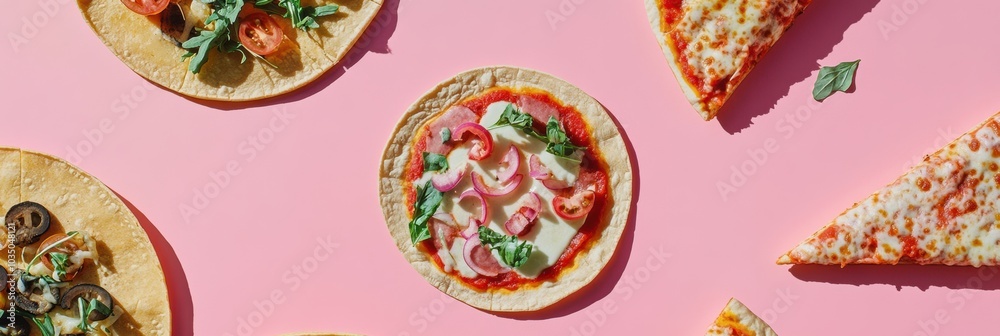Poster a vibrant display of delicious tacos and pizza is arranged in geometric order on a colorful surface,