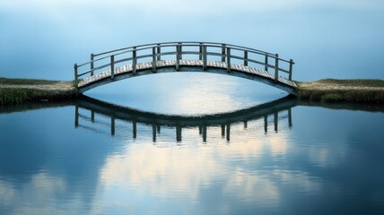Obraz premium Small wooden bridge arches over calm reflective pond, with partly cloudy sky scene is peaceful and serene