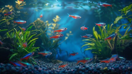 Naklejka premium A peaceful aquarium scene with a variety of tropical fish, vibrant aquatic plants, and gentle water movement