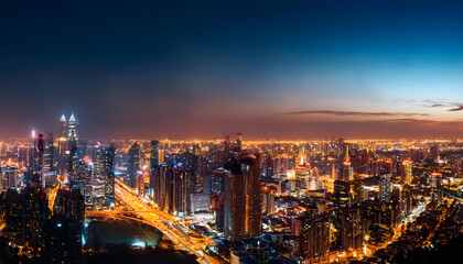 Obraz premium A nighttime panoramic view of a vibrant cityscape illuminated by twinkling lights