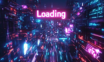Obraz premium Cyberpunk city loading in neon lights.