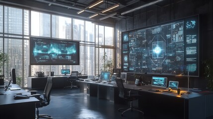 A large room with a computer monitor on the wall and a few other monitors