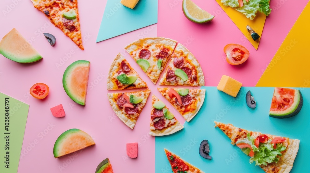 Poster an assortment of tacos and pizza slices is artistically organized in a geometric pattern on a vibran