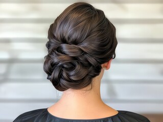 A fresh haircut transformed into an elegant updo, blending modern style with timeless sophistication.