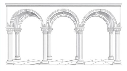 Line art illustration featuring a collection of arches highlighting architectural details