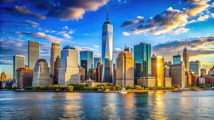 Obraz premium The vibrant business district of New York City features striking skyscrapers, rising against a bright blue sky, representing contemporary urban architecture and ambition.