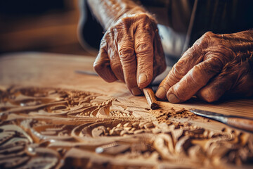 Closeup shot of the hands of a woodworking master who carves patterns in wood