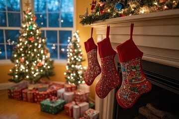 A Christmas tree is lit up with lights and a fireplace is lit