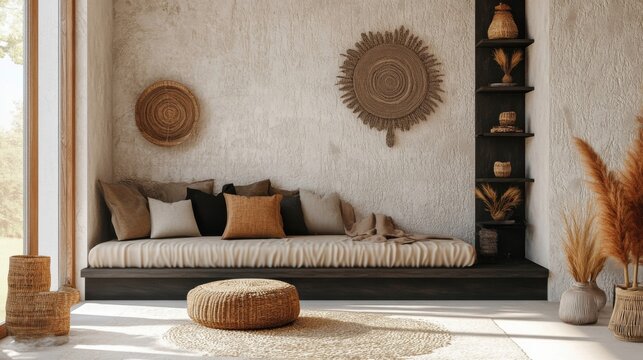 Boho style living room with daybed black shelf pillows beige decorations and textured wall decor