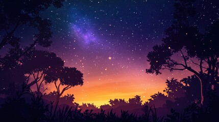 3D cartoon depiction of the night sky with silhouettes of trees set against stars galaxies and the universe in a natural setting Emphasizing tranquility shadows of plants and ambient light during 