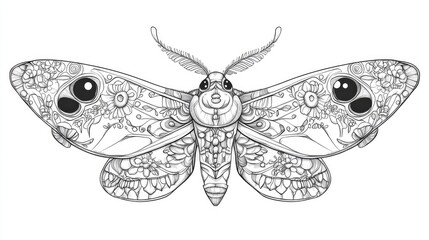 Line art illustration of a moth adorned with ethnic floral patterns Hand drawn decorative insect in doodle style suitable for tattoos prints designs covers books and coloring pages