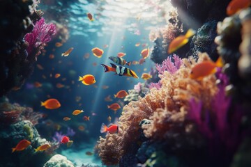 Obraz premium Vibrant underwater scene filled with colorful coral and fish. Experience the beauty of the ocean. Perfect for nature lovers and marine enthusiasts. Generative AI
