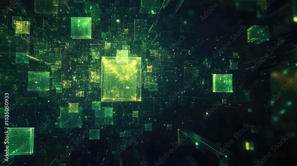 Poster abstract green square bokeh on a black background created using 3d cartoon rendering fantasy fractal