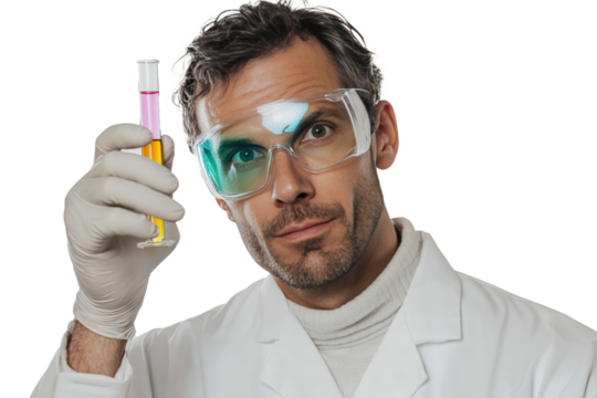 A male scientist wearing a white lab coat, safety goggles, and latex gloves.