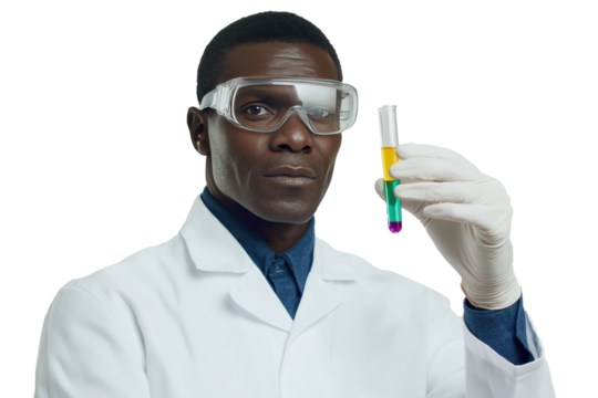 A male scientist wearing a white lab coat, safety goggles, and latex gloves.