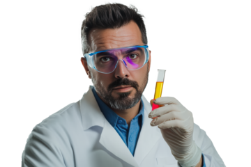 A male scientist wearing a white lab coat, safety goggles, and latex gloves.