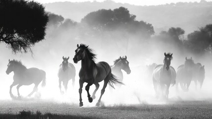 A Herd of Horses Running Through Foggy Meadow