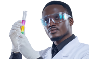 A male scientist wearing a white lab coat, safety goggles, and latex gloves.