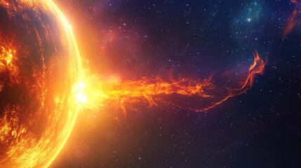 Obraz premium 3D cartoon illustration depicting a solar storm in outer space with solar radiation flowing towards a planet