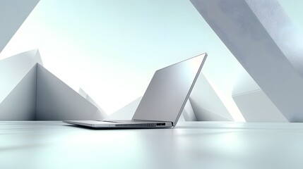 3D Minimalist Wide Angle View of Laptop in Modern Setting