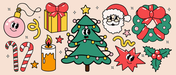 Merry Christmas and Happy New year stickers. Santa Claus, gifts, Xmas tree in trendy groovy retro cartoon style. Sticker pack of cartoon characters and elements, vector illustration