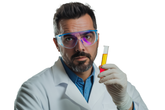 A male scientist wearing a white lab coat, safety goggles, and latex gloves.