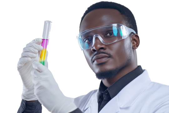 A male scientist wearing a white lab coat, safety goggles, and latex gloves.