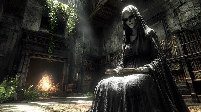 Mysterious Figure in Abandoned Library Setting