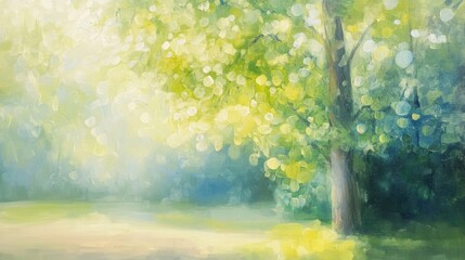 Oil painting depicting a blurred park garden tree with a soft nature background featuring a bokeh effect and vibrant greenery capturing a summery outdoor ambiance