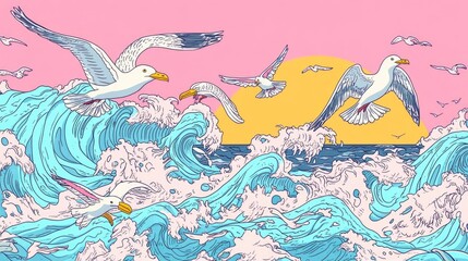 Fototapeta premium Seagulls soar above the frothy waves of a turbulent sea on a sunny day