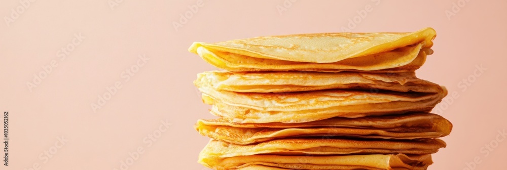 Poster golden crepes piled high, waiting to be enjoyed for breakfast, with a pastel backdrop creating a war