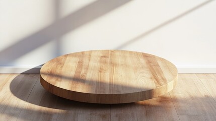 3D rendering of an empty beautiful round wood tabletop in a clean and bright interior with shadowed background suitable for product montage