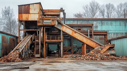 Industrial machines at work in a waste recycling plant, processing discarded materials.