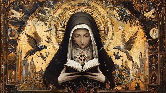 Saint Bridget of Sweden is illustrated in an intricate icon, adorned with symbols reflecting her profound visions and teachings.